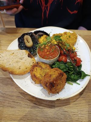 Plant based breakfast with hash browns at Moksha in Brighton