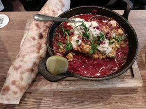Shakshuka with flatbread at Moksha in Brighton