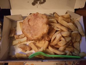 Pastie and chips at Maggie Mays Chippy - University Rd in Belfast