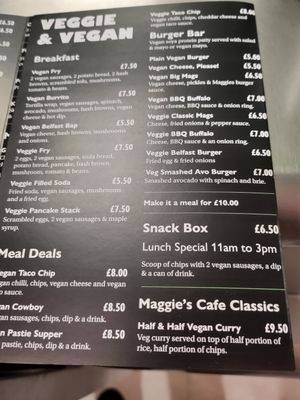 Veg menu at Maggie Mays Chippy - University Rd in Belfast