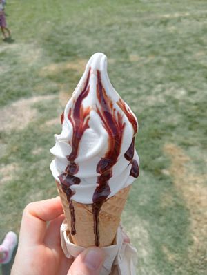 Vanilla soft serve with chocolate fudge sauce at Future Swirl in Braddon
