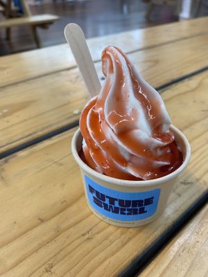 Oat milk vegan soft serve with strawberry coulis   at Future Swirl in Braddon