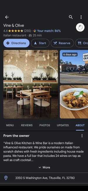 Google Maps Listing at Vine & Olive in Titusville