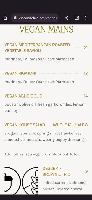 Vegan Entrees and Dessert at Vine & Olive in Titusville