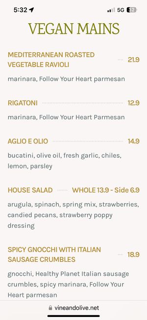 Vegan menu  at Vine & Olive in Titusville
