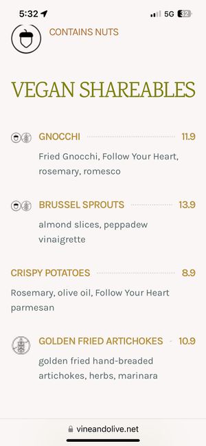 Vegan menu  at Vine & Olive in Titusville
