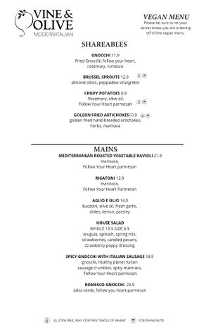 Vegan Menu at Vine & Olive in Titusville