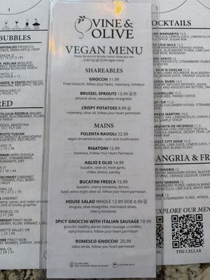 Vegan Menu  at Vine & Olive in Titusville