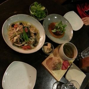 Radish soup, brown rice & pickles, veggie croquette with tomato spicy sauce and olive oil pastas (can be asked without bacon) at Cafe Sukkara - 수카라 in Seoul