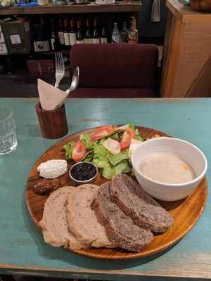 Sourdough with veggie stew, chickpeas, salad, tofu cheese, and jam at Cafe Sukkara - 수카라 in Seoul