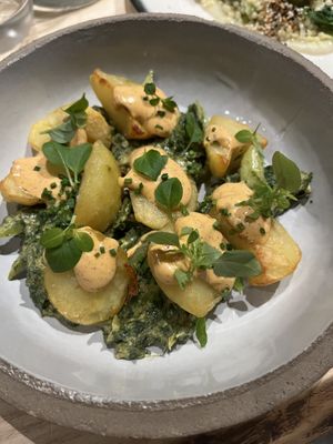 Roasted potatoes, chilli mayo, wilted winter greens #Veganuary at and/or  in Antwerpen