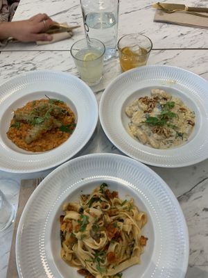 Carbonara (👎), sea risotto (😍) and gnocci with cream and spinach (😍)  at Giulietta - Pizzeria & Cucina Vegana in Lisbon
