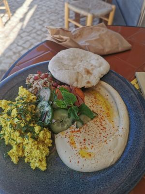 Balagan brekkie with scrambled Tofu and 2 Pita's. at Balagan Ericeira in Ericeira