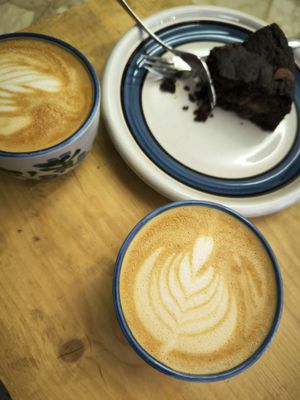 Oat milk cappuccino and chocolate cake at Ammazza Caffé in Verona