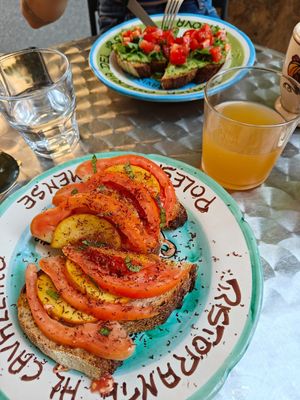 Bruschetta toast with peach and dark chocolate and the zucchini toast 👸🏻  at Ammazza Caffé in Verona