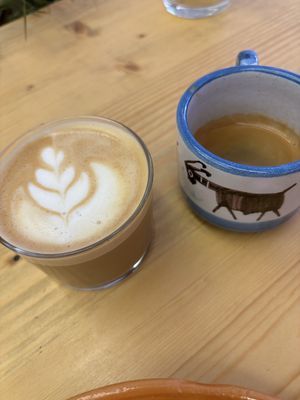 Oat cappuccino and double espresso   at Ammazza Caffé in Verona