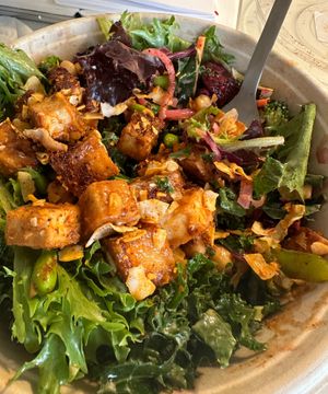 Summer seasonal item, Coco Loco Bowl, but sub more greens instead of rice, and tofu instead of chicken.  at Roots Natural Kitchen in Columbus