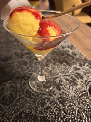 Mango sorbet with raspberry coulis  at El Temple in Benidoleig