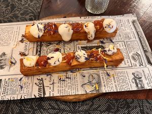 Patatas Bravas with spicy brava sauce and vegan mayonnaise   at El Temple in Benidoleig