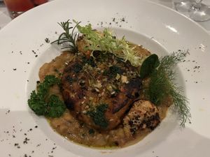 Sweet potato and white bean cake  at Ascots Restaurant in Hamilton