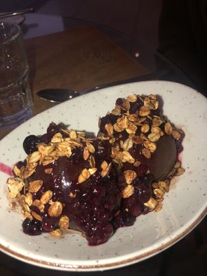 Vegan desert (chocolate sorbet with berry compote and granola)   at Knysna Social Eatery in Knysna