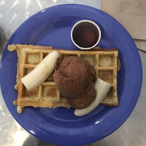 Vegan waffle with vegan ice cream! at Waffle Frolic in Ithaca