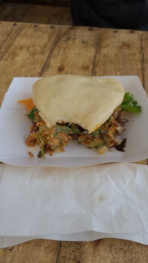 Oyster mushroom vegan bao at Oranjezicht City Farm Market in Cape Town