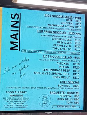 Mains - menu at Yens Vietnamese Street Food in Cape Town
