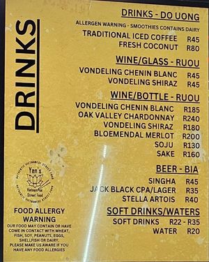 Drinks at Yens Vietnamese Street Food in Cape Town