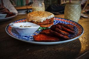 Medalovers Burger w/ sweet potato fries  at Alubia plant power in Mallorca