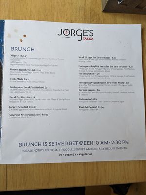 Brunch menu at Jorge's Restaurant in Norwich