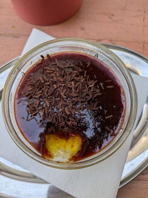 Dessert - black current jelly (vegan) with mango pudding below at ŠMAK in Bratislava