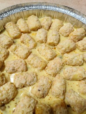 Breakfast casserole,  impossible spicy sausage, just egg, onion,  bell peppers, tofutti cream cheese and spices
Oh,  and tots at Top Of The Flour in Lawton