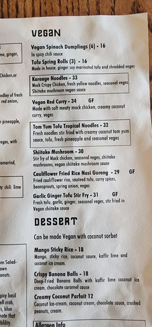 Vegan menu Dec 2024 at Thaiger in Auckland