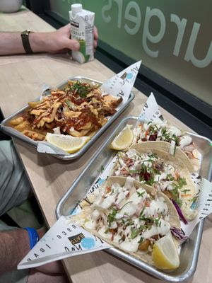 Fish tacos and pulled pork fries  at Earth Aloha Eats in Kihei