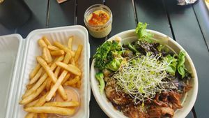 Teriyaki bowl, fries on the side, and creme brulee at Earth Aloha Eats in Kihei