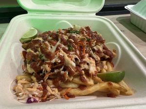 Pulled pork fries—excellent flavor, nice, salty and crispy .  at Earth Aloha Eats in Kihei