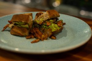 Salvaje Toast
Toast Sourdough Bread with smoked eggplant emulsion, 
avocado, mushrooms, green leaves and balsamic 
reduction. at Coraje Vegan in Medellin