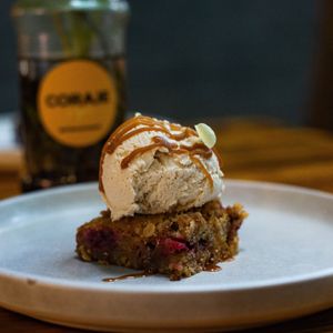Gluten Free
Crumble with Seasonal Fruits and Ice cream  at Coraje Vegan in Medellin