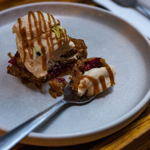 Gluten Free
Crumble with Seasonal Fruits and Ice cream  at Coraje Vegan in Medellin