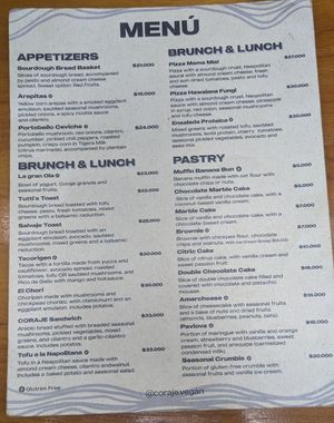 Menu at Coraje Vegan in Medellin