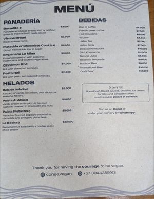 Menu at Coraje Vegan in Medellin