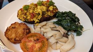 Vegan breakfast platter at Jaya House River Park in Siem Reap