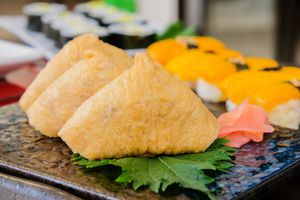 Inaari Sushi - Seasoned Sushi rice wrapped in a sweet and savory soft tofu pouch. at ARITO - Japanese Vegetarian Fusion in Bangkok