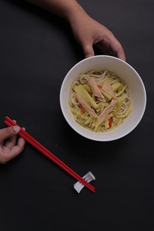 Green Curry Udon - A delicious blend of Thai and Japanese flavors with fragrant herbs giving it a creamy sweet and salty taste. at ARITO - Japanese Vegetarian Fusion in Bangkok