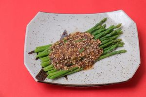 Asparagus Salad - Blanched Asparagus with Seasame soya sauce sprinkled with ground peanuts at ARITO - Japanese Vegetarian Fusion in Bangkok