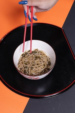 Cassia Curry Soba - Rustic Thai style leafy curry cooked in coconut milk served over soba noodles at ARITO - Japanese Vegetarian Fusion in Bangkok