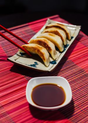 Gyoja - Fresh stirred fried vegetables(spinach & Cabbage) stuffed in a rolled dough. at ARITO - Japanese Vegetarian Fusion in Bangkok