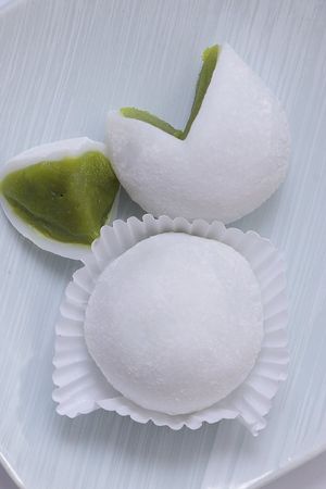 Green Tea Daifuku - Tastful dessert prepared with smooth glutinous rice flour filled with aromatic jasmine green tea paste at ARITO - Japanese Vegetarian Fusion in Bangkok