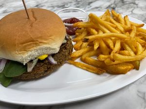House Burger with Fries at The Welcome Table Kitchen & Bakery in Morrison